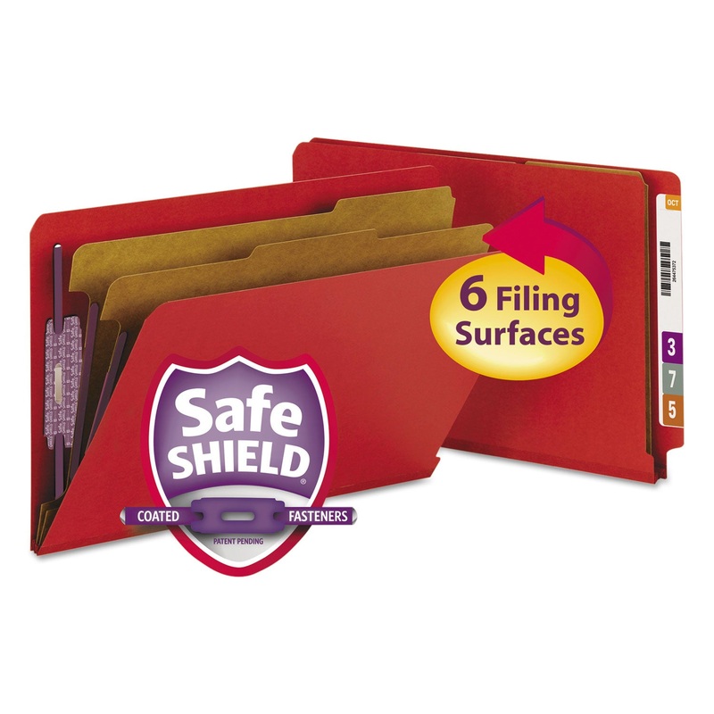 END TAB PRESSBOARD CLASSIFICATION FOLDERS WITH SAFESHIELD FASTENERS, 2 DIVIDERS, LEGAL SIZE, BRIGHT RED, 10/BOX