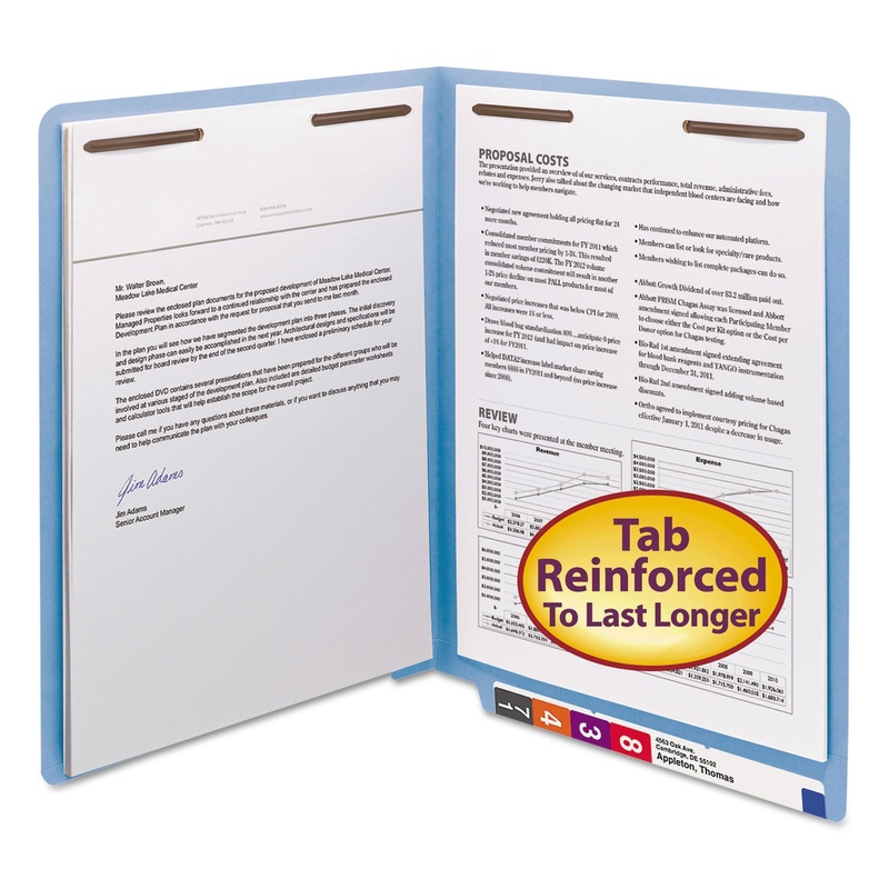 HEAVYWEIGHT COLORED END TAB FOLDERS WITH TWO FASTENERS, STRAIGHT TAB, LETTER SIZE, BLUE, 50/BOX