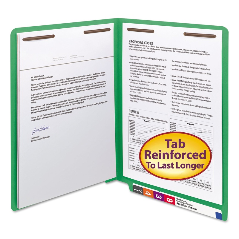 HEAVYWEIGHT COLORED END TAB FOLDERS WITH TWO FASTENERS, STRAIGHT TAB, LETTER SIZE, GREEN, 50/BOX