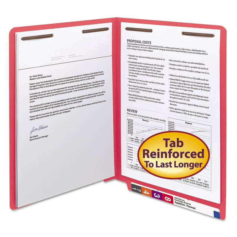 HEAVYWEIGHT COLORED END TAB FOLDERS WITH TWO FASTENERS, STRAIGHT TAB, LETTER SIZE, RED, 50/BOX
