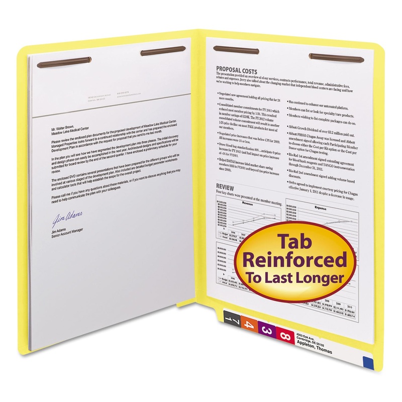HEAVYWEIGHT COLORED END TAB FOLDERS WITH TWO FASTENERS, STRAIGHT TAB, LETTER SIZE, YELLOW, 50/BOX