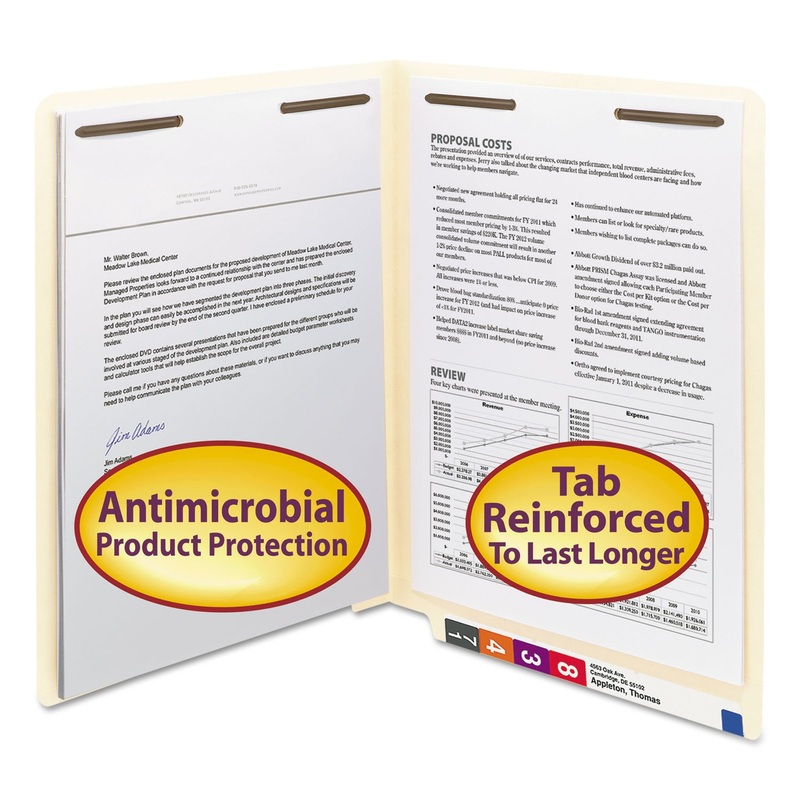 MANILA REINFORCED END TAB 2-FASTENER FOLDERS WITH ANTIMICROBIAL PRODUCT PROTECTION, STRAIGHT TAB, LETTER SIZE, 50/BOX