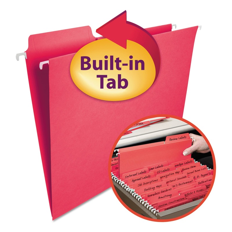 FASTAB HANGING FOLDERS, LETTER SIZE, 1/3-CUT TAB, RED, 20/BOX