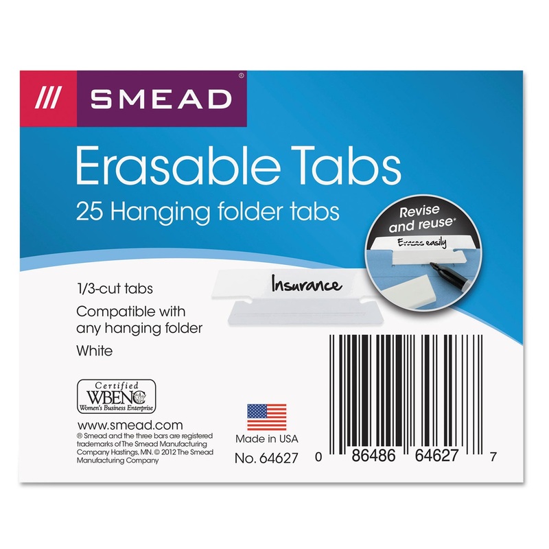 ERASABLE HANGING FOLDER TABS, 1/3-CUT TABS, WHITE, 3.5″ WIDE, 25/PACK