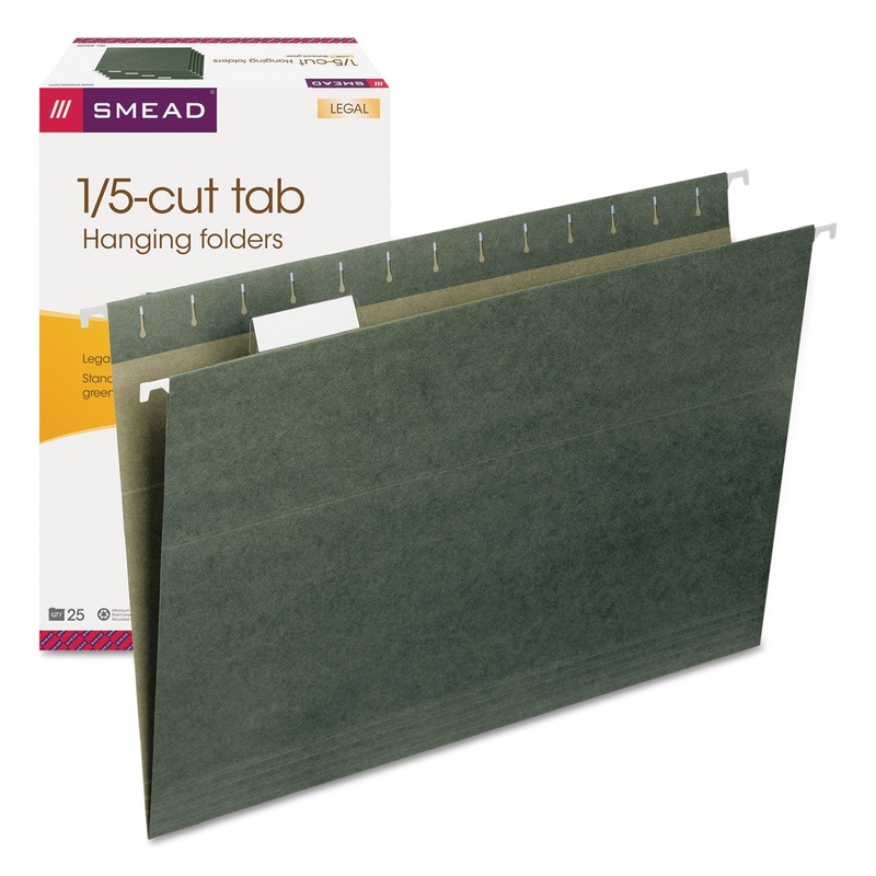 HANGING FOLDERS, LEGAL SIZE, 1/5-CUT TAB, STANDARD GREEN, 25/BOX