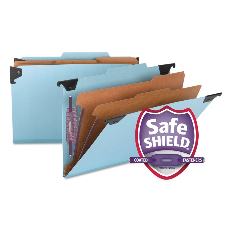 HANGING PRESSBOARD CLASSIFICATION FOLDERS WITH SAFESHIELDCOATED FASTENERS, LEGAL SIZE, 2 DIVIDERS, BLUE