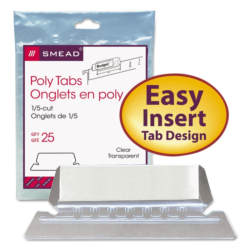 POLY INDEX TABS AND INSERTS FOR HANGING FILE FOLDERS, 1/5-CUT TABS, WHITE/CLEAR, 2.25″ WIDE, 25/PACK
