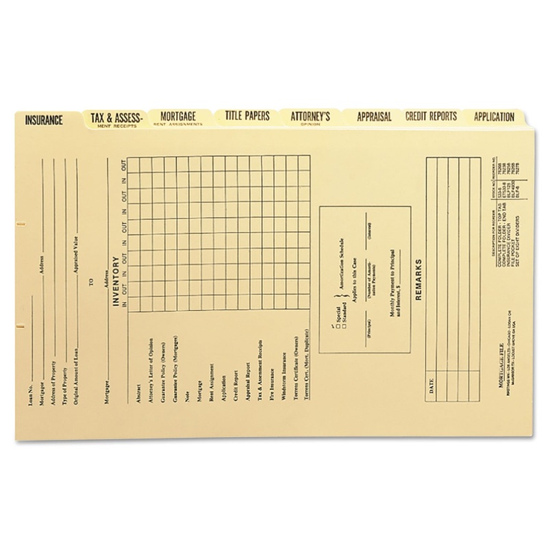 PRESSBOARD MORTGAGE FOLDER DIVIDERS, PRE-PRINTED, LEGAL SIZE, MANILA, 8/SET, 12 SETS/BOX