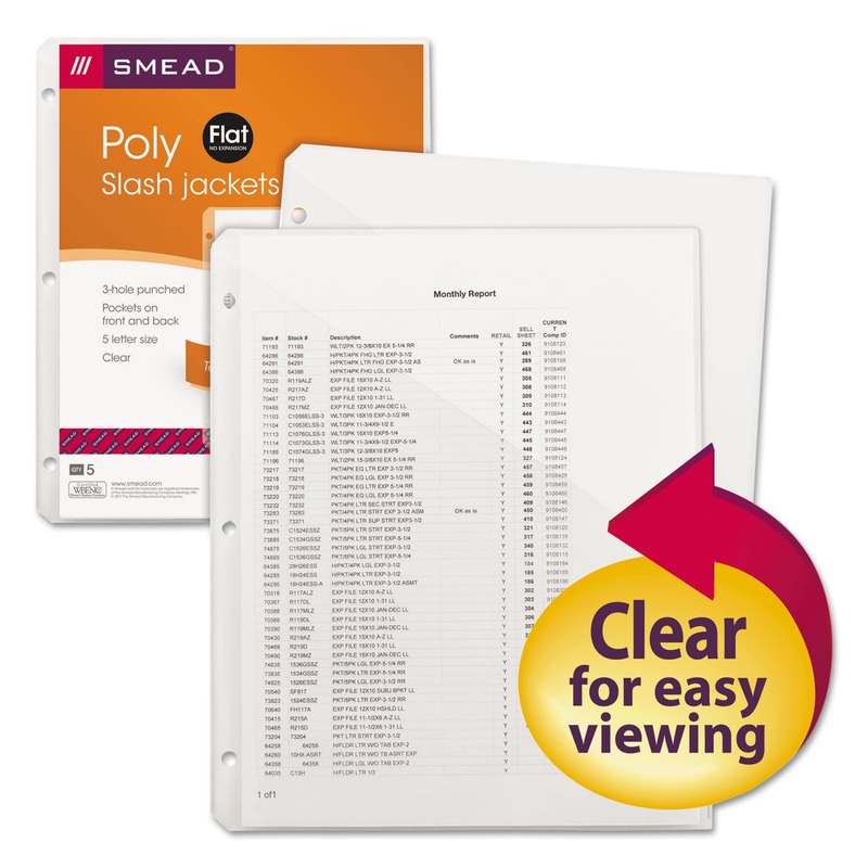 ORGANIZED UP POLY SLASH JACKETS, 2-SECTIONS, LETTER SIZE, CLEAR, 5/PACK