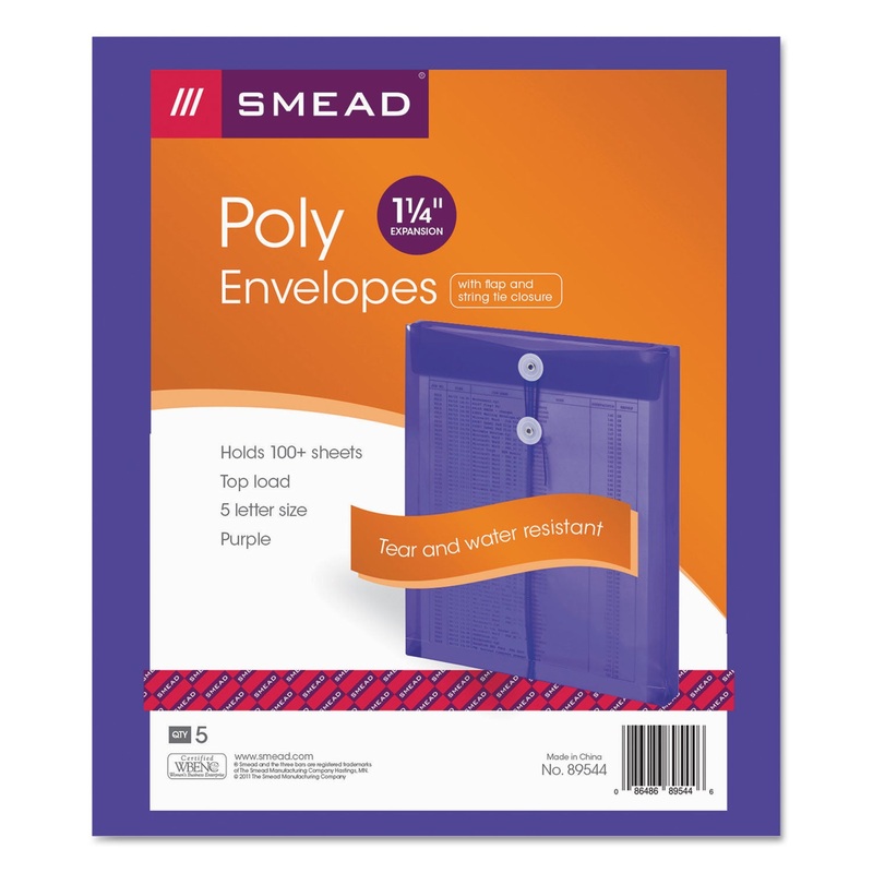 POLY STRING & BUTTON INTEROFFICE ENVELOPES, STRING & BUTTON CLOSURE, 9.75 X 11.63, TRANSPARENT PURPLE, 5/PACK