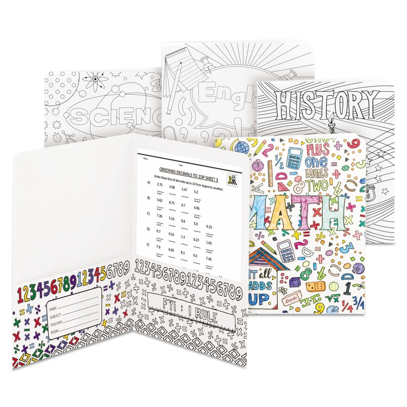 TWO-POCKET COLORING FOLDER, SCHOOL SUBJECT DESIGNS, LETTER SIZE, 4/PACK