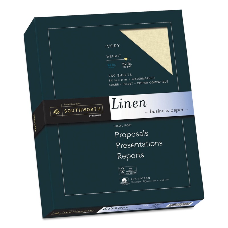 25% COTTON LINEN BUSINESS PAPER, 32 LB, 8.5 X 11, IVORY, 250/PACK