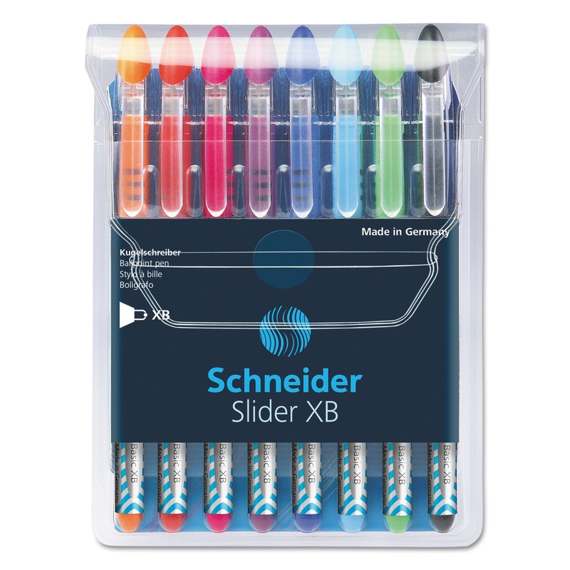 SCHNEIDER SLIDER STICK BALLPOINT PEN, 1.4MM, ASSORTED INK/BARREL, 8/PACK
