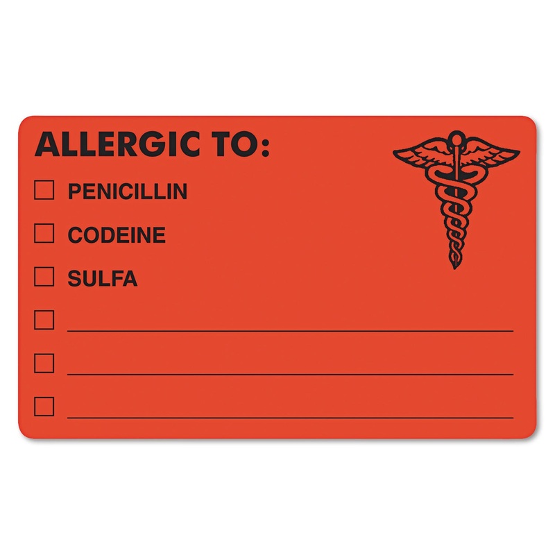 ALLERGY WARNING LABELS, ALLERGIC TO: PENICILLN, CODEINE, SULFA, 2.5 X 4, ORANGE, 100/ROLL