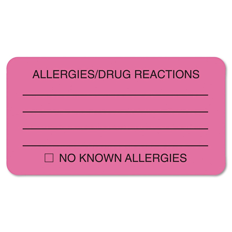 ALLERGY WARNING LABELS, ALLERGIES/DRUG REACTIONS NO KNOWN ALLERGIES, 1.75 X 3.25, PINK, 250/ROLL