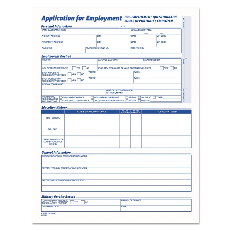 Comprehensive Employee Application Form, 8 1/2 X 11, 25 Forms