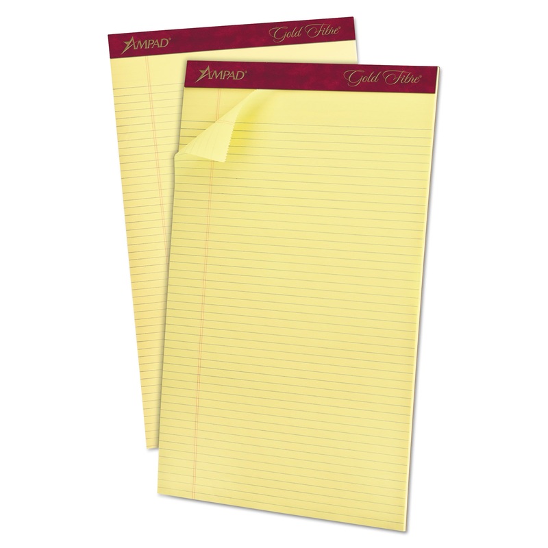 GOLD FIBRE WRITING PADS, NARROW RULE, 8.5 X 14, CANARY, 50 SHEETS, DOZEN