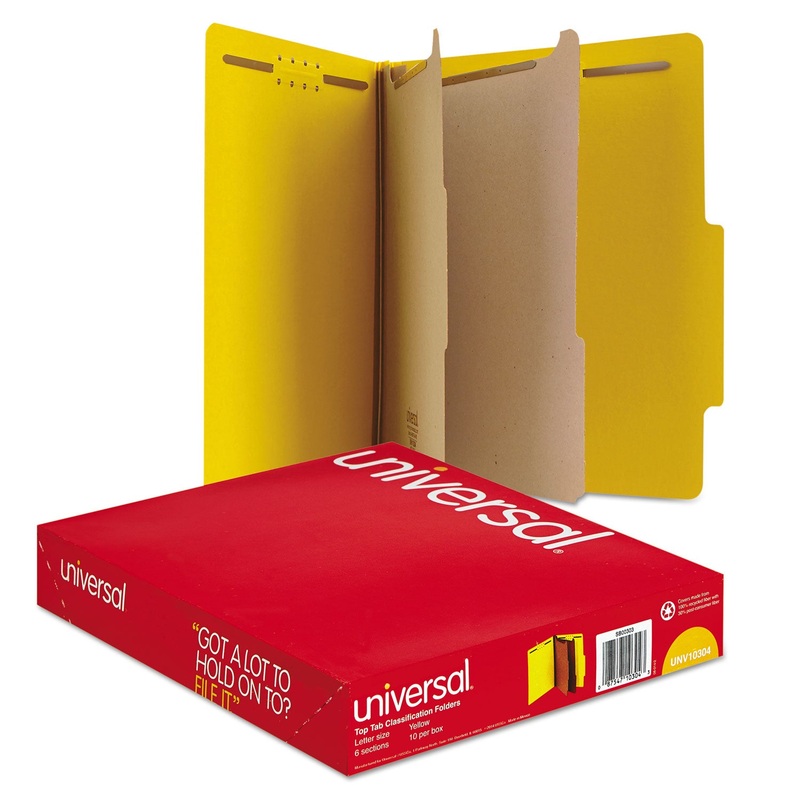 BRIGHT COLORED PRESSBOARD CLASSIFICATION FOLDERS, 2 DIVIDERS, LETTER SIZE, YELLOW, 10/BOX