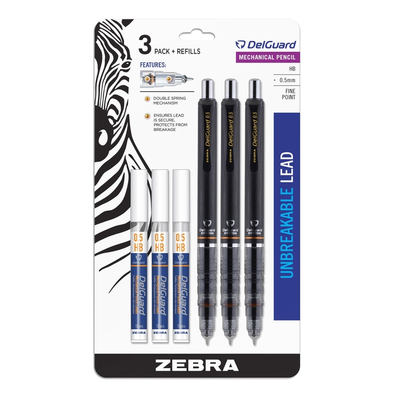 DELGUARD MECHANICAL PENCIL, 0.5 MM, HB (#2.5), BLACK LEAD, BLACK BARREL, 3/PACK