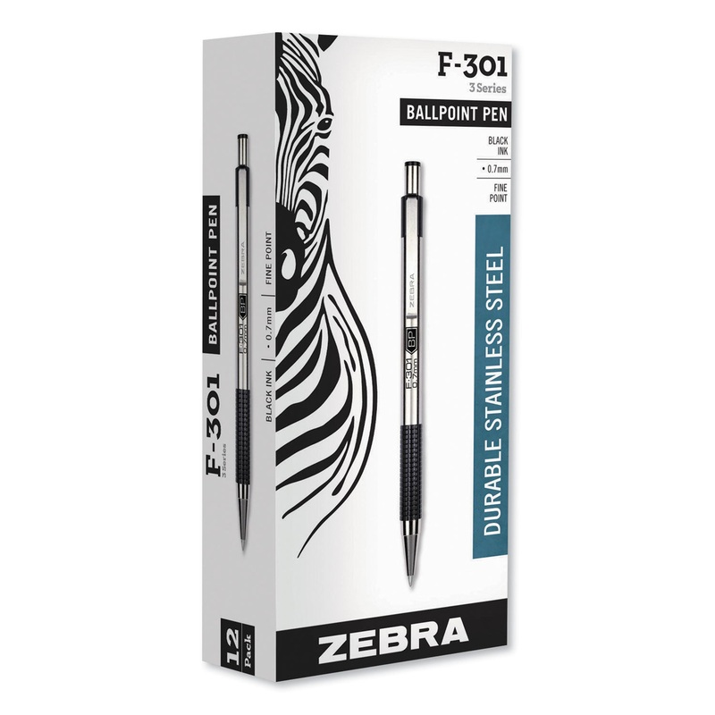 F-301 RETRACTABLE BALLPOINT PEN, 0.7MM, BLACK INK, STAINLESS STEEL/BLACK BARREL