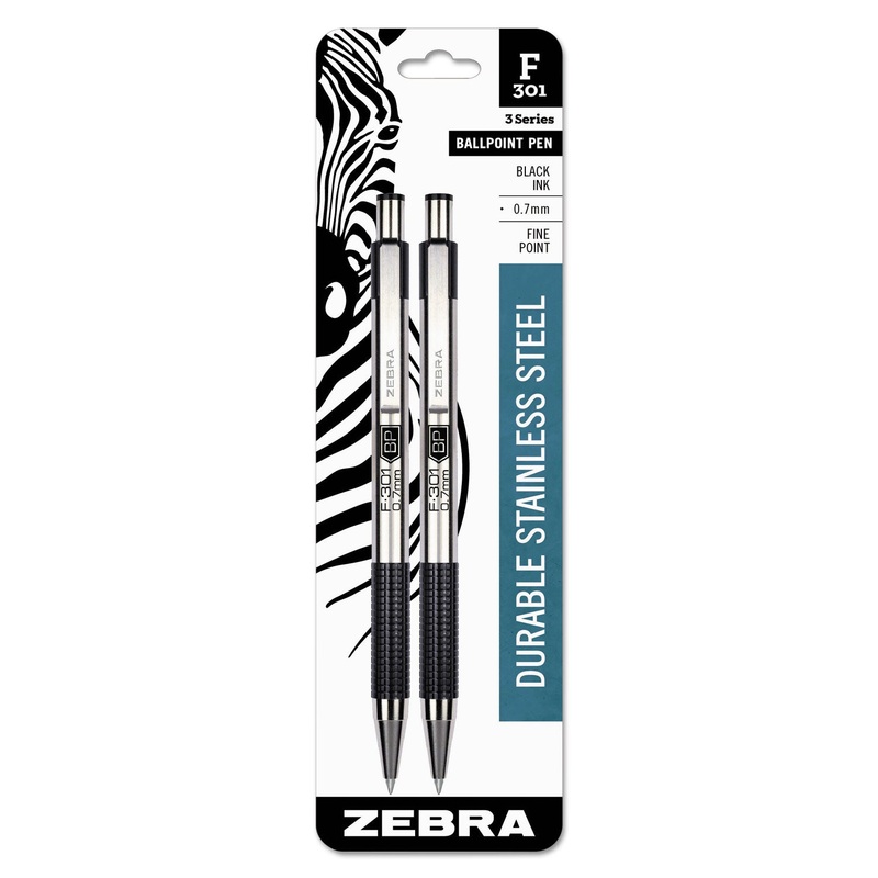 F-301 RETRACTABLE BALLPOINT PEN, 0.7MM, BLACK INK, STAINLESS STEEL/BLACK BARREL, 2/PACK