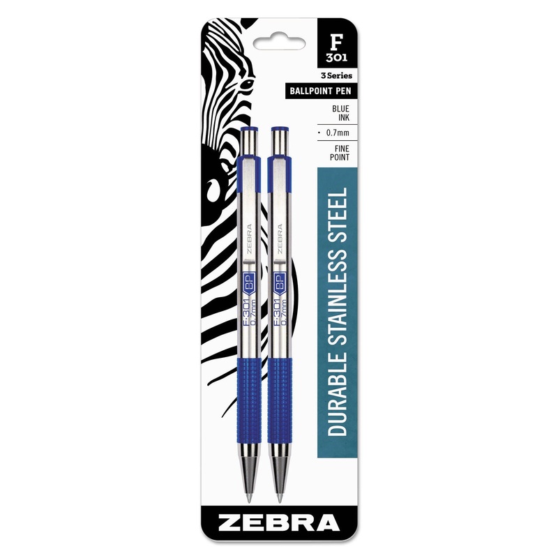 F-301 RETRACTABLE BALLPOINT PEN, 0.7MM, BLUE INK, STAINLESS STEEL/BLUE BARREL, 2/PACK