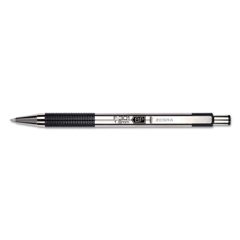 F-301 RETRACTABLE BALLPOINT PEN, 1.6MM, BLACK INK, STAINLESS STEEL/BLACK BARREL, DOZEN