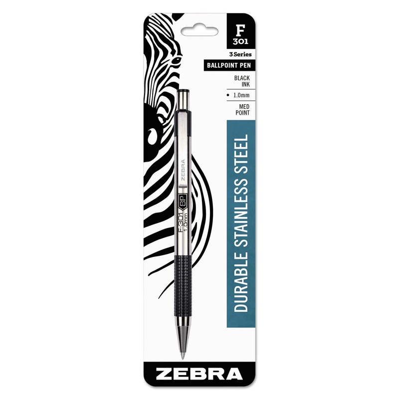 F-301 RETRACTABLE BALLPOINT PEN, 1MM, BLACK INK, STAINLESS STEEL/BLACK BARREL