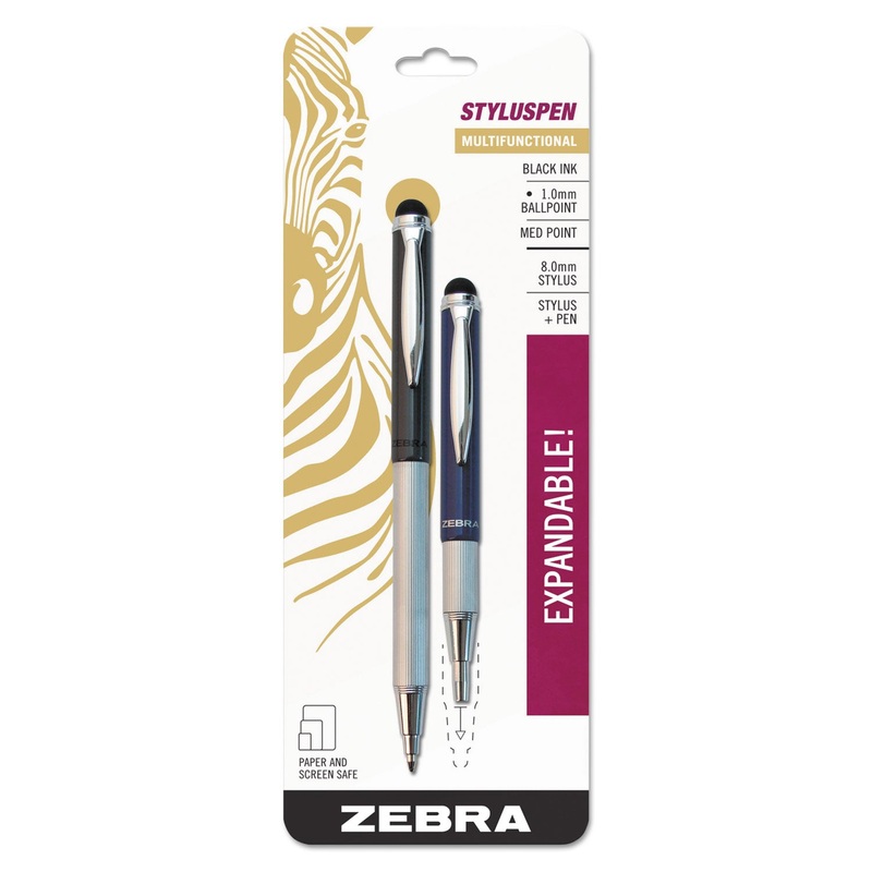 STYLUSPEN RETRACTABLE BALLPOINT PEN/STYLUS, 1MM, BLACK INK, BLUE/GRAY BARREL, PAIR