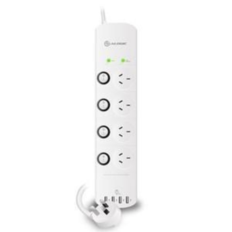 ALOGIC 4 OUTLET POWER BOARD WITH INDIVIDUAL SWITCHES & 4 USB PORTS (4.5A CURRENT) – SURGE & OVERLOAD PROTECTED
