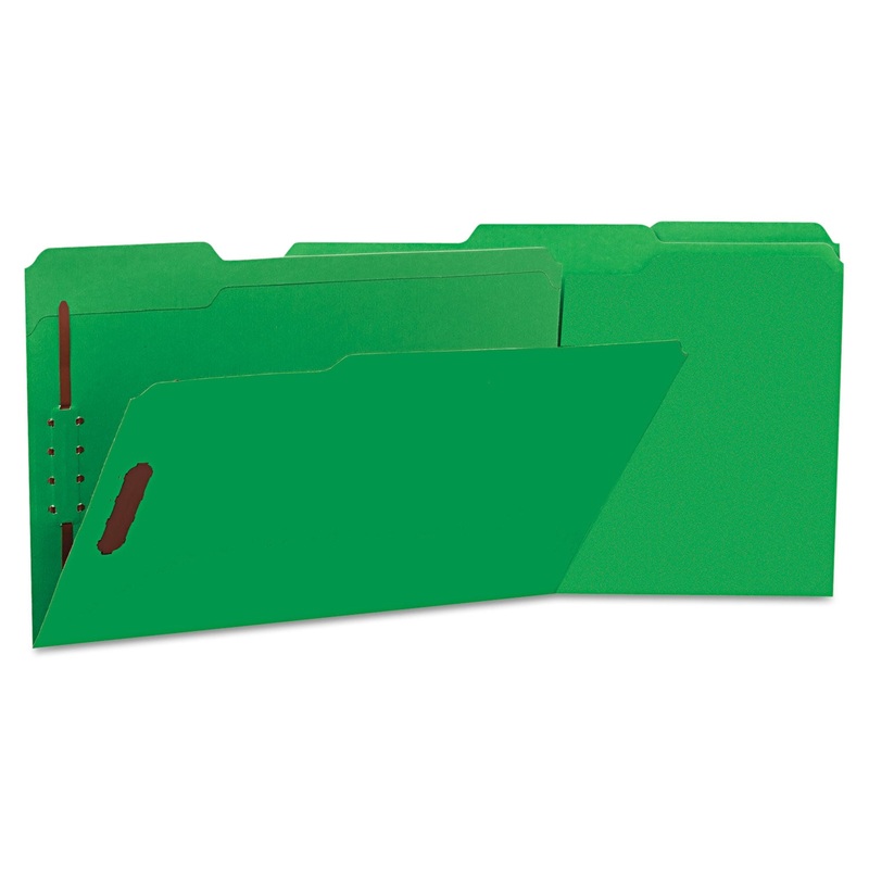DELUXE REINFORCED TOP TAB FOLDERS WITH TWO FASTENERS, 1/3-CUT TABS, LEGAL SIZE, GREEN, 50/BOX