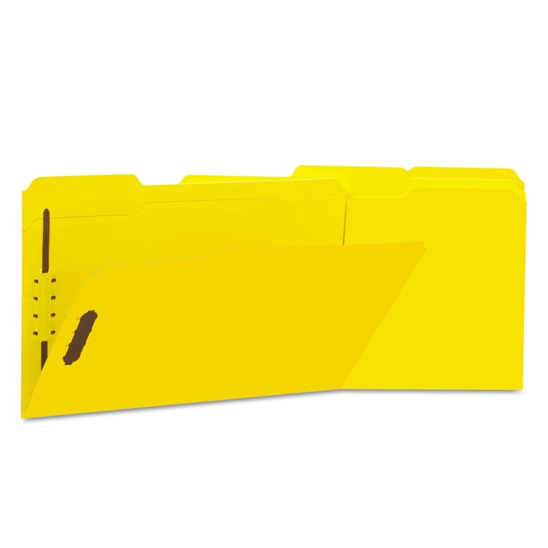 DELUXE REINFORCED TOP TAB FOLDERS WITH TWO FASTENERS, 1/3-CUT TABS, LEGAL SIZE, YELLOW, 50/BOX
