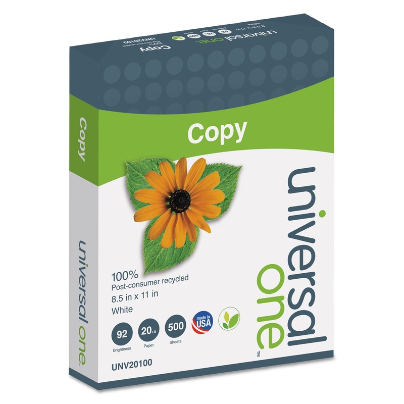 100% RECYCLED COPY PAPER, 92 BRIGHT, 20LB, 8.5 X 11, WHITE, 500 SHEETS/REAM, 10 REAMS/CARTON