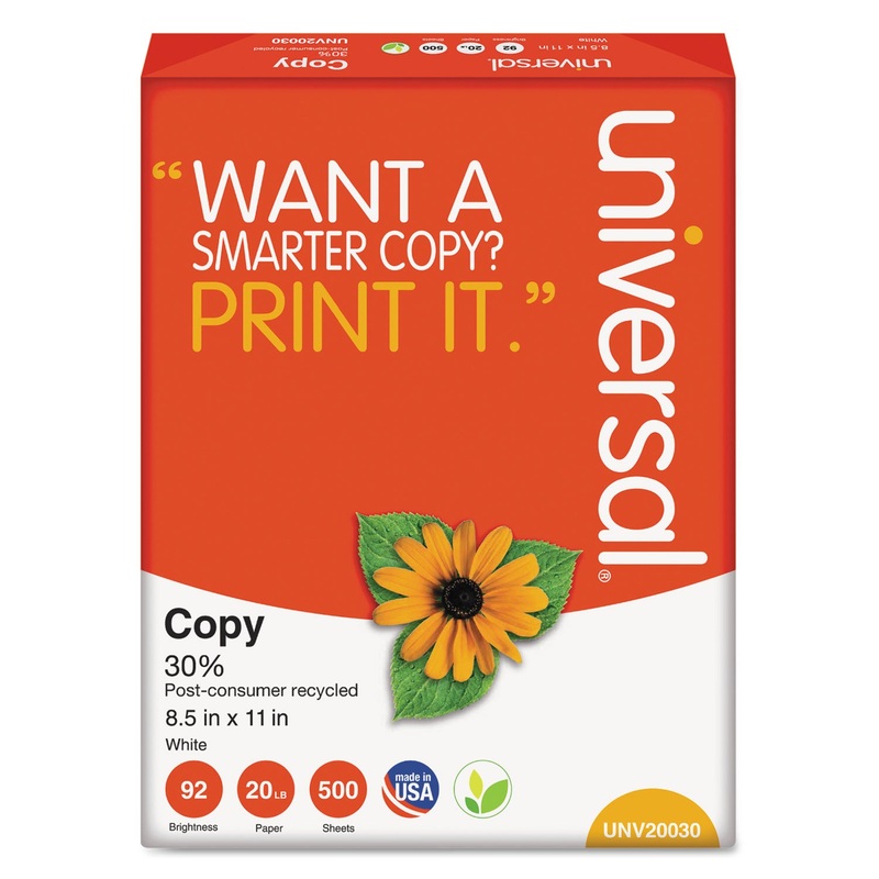 30% RECYCLED COPY PAPER, 92 BRIGHT, 20LB, 8.5 X 11, WHITE, 500 SHEETS/REAM, 10 REAMS/CARTON