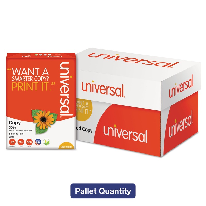30% RECYCLED COPY PAPER, 92 BRIGHT, 20LB, 8.5 X 11, WHITE, 500 SHEETS/REAM, 10 REAMS/CARTON, 40 CARTONS/PALLET