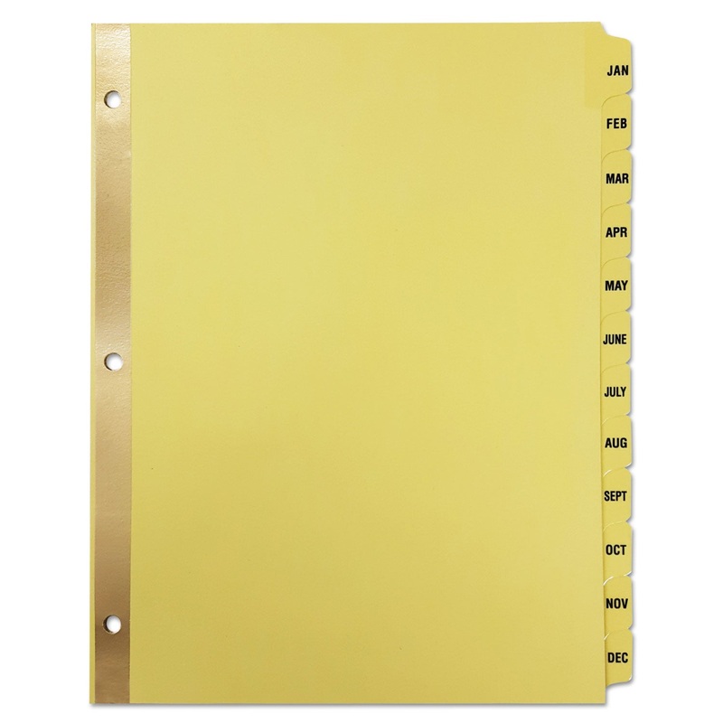 DELUXE PREPRINTED PLASTIC COATED TAB DIVIDERS WITH BLACK PRINTING, 12-TAB, JAN. TO DEC., 11 X 8.5, BUFF, 1 SET