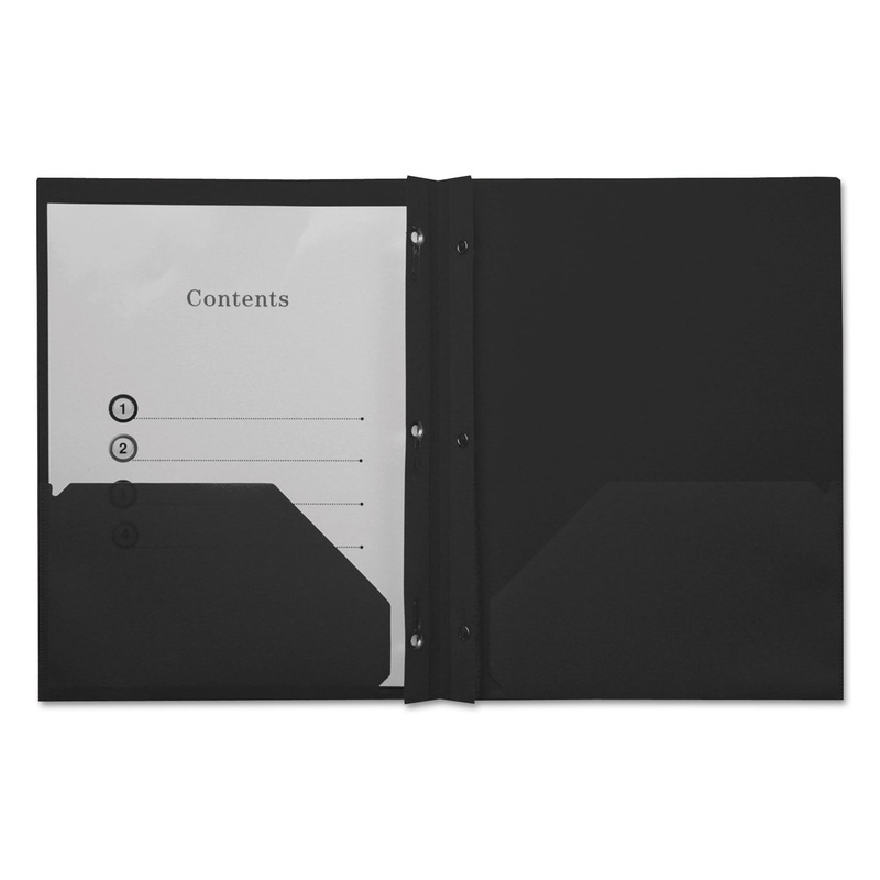 Plastic Twin-Pocket Report Covers With 3 Fasteners, 100 Sheets, Black, 10/pk