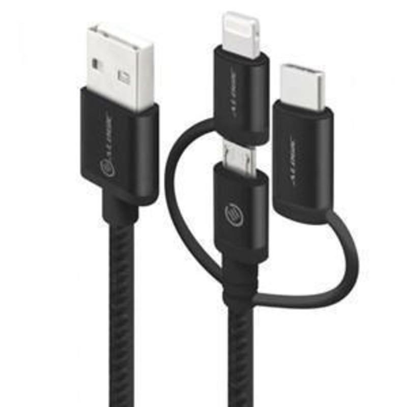 ALOGIC 3 IN 1 RUGGED CHARGE AND SYNC CABLE MICRO USB LIGHTING AND USB-C 30CM – JET BLACK