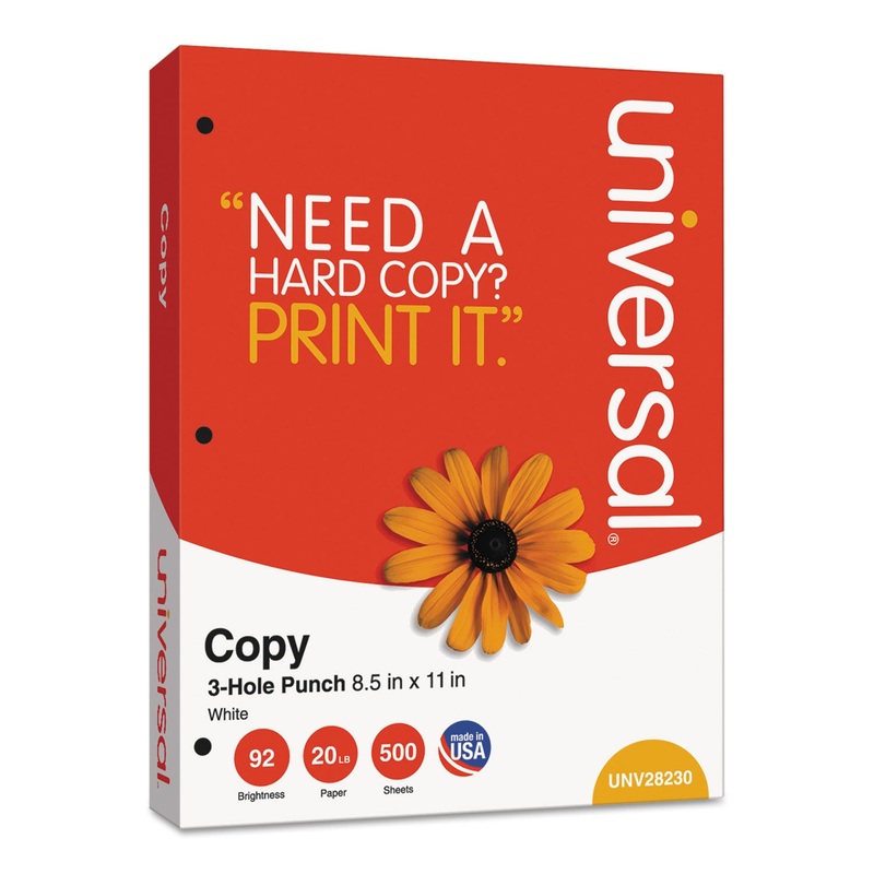 COPY PAPER, 92 BRIGHT, 3-HOLE, 20LB, 8.5 X 11, WHITE, 500 SHEETS/REAM, 10 REAMS/CARTON
