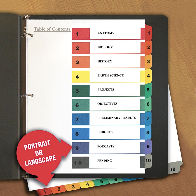 DELUXE TABLE OF CONTENTS DIVIDERS FOR PRINTERS, 10-TAB, 1 TO 10; TABLE OF CONTENTS, 11 X 8.5, WHITE, 6 SETS