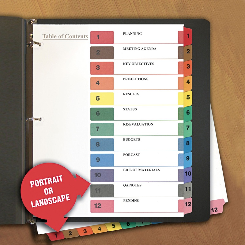 DELUXE TABLE OF CONTENTS DIVIDERS FOR PRINTERS, 12-TAB, 1 TO 12; TABLE OF CONTENTS, 11 X 8.5, WHITE, 6 SETS