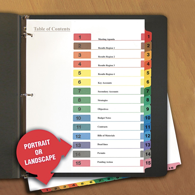 DELUXE TABLE OF CONTENTS DIVIDERS FOR PRINTERS, 15-TAB, 1 TO 15; TABLE OF CONTENTS, 11 X 8.5, WHITE, 6 SETS