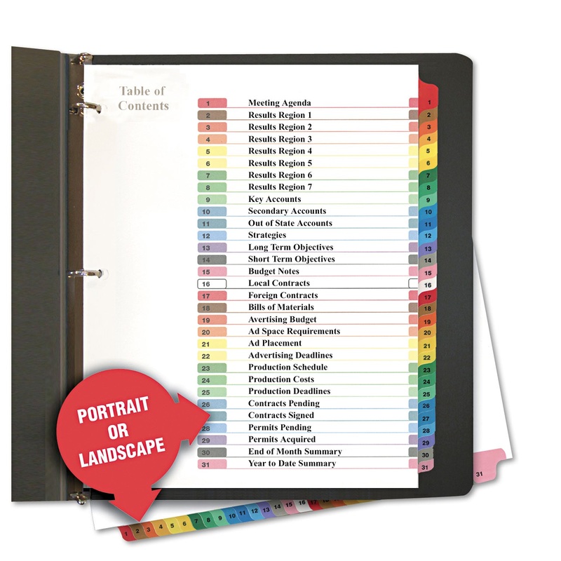 DELUXE TABLE OF CONTENTS DIVIDERS FOR PRINTERS, 31-TAB, 1 TO 31, 11 X 8.5, WHITE, 1 SET