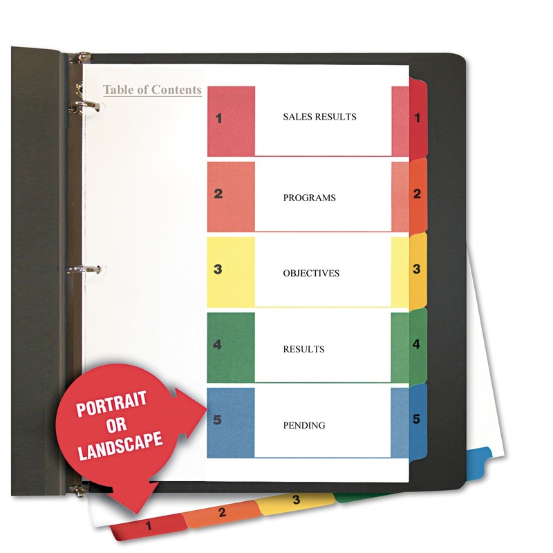 DELUXE TABLE OF CONTENTS DIVIDERS FOR PRINTERS, 5-TAB, 1 TO 5; TABLE OF CONTENTS, 11 X 8.5, WHITE, 6 SETS
