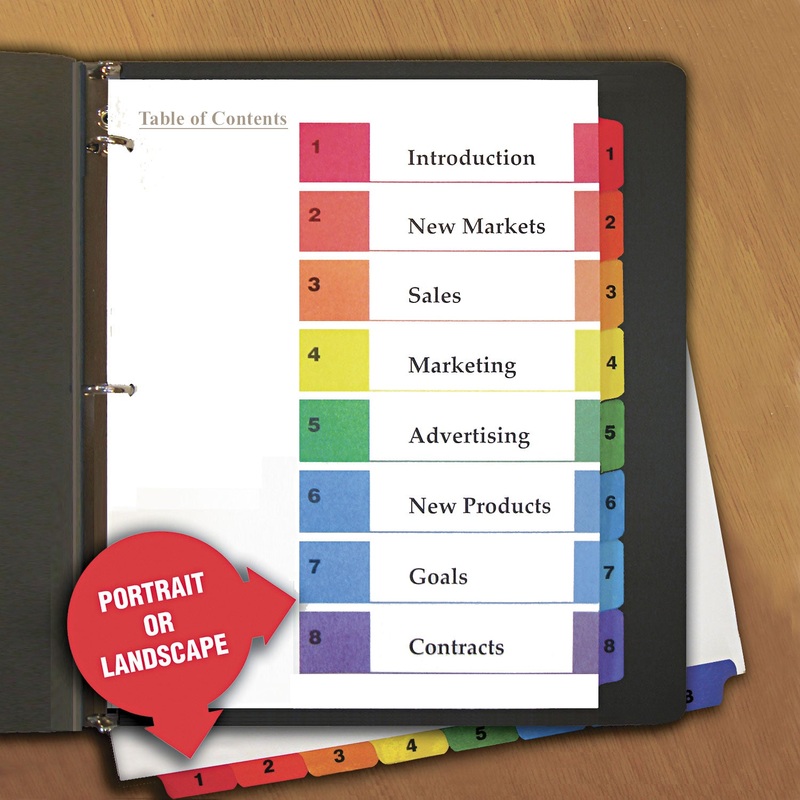 DELUXE TABLE OF CONTENTS DIVIDERS FOR PRINTERS, 8-TAB, 1 TO 8; TABLE OF CONTENTS, 11 X 8.5, WHITE, 6 SETS