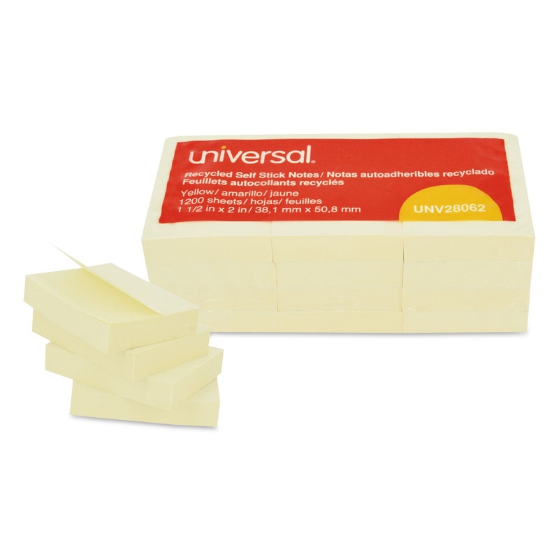 Recycled Self-Stick Note Pads, 1 1/2 X 2, Yellow, 100-Sheet, 12/pack