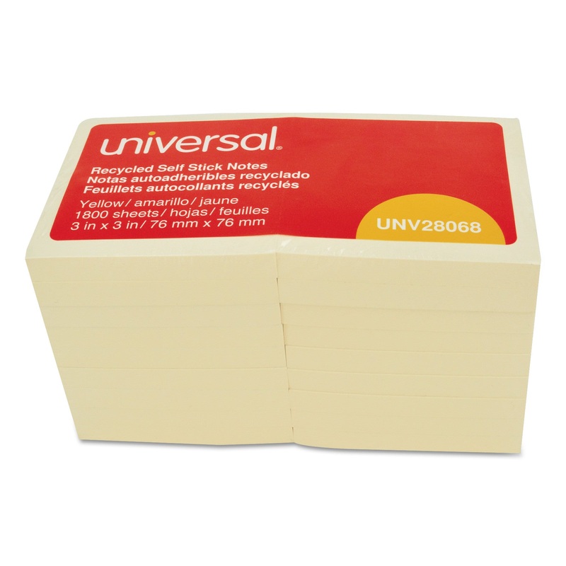 Recycled Self-Stick Note Pads, 3 X 3, Yellow; 100-Sheet, 18/pack