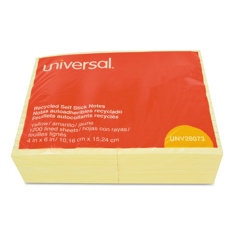 Recycled Self-Stick Note Pads, Lined, 4 X 6, Yellow, 100-Sheet, 12/pack