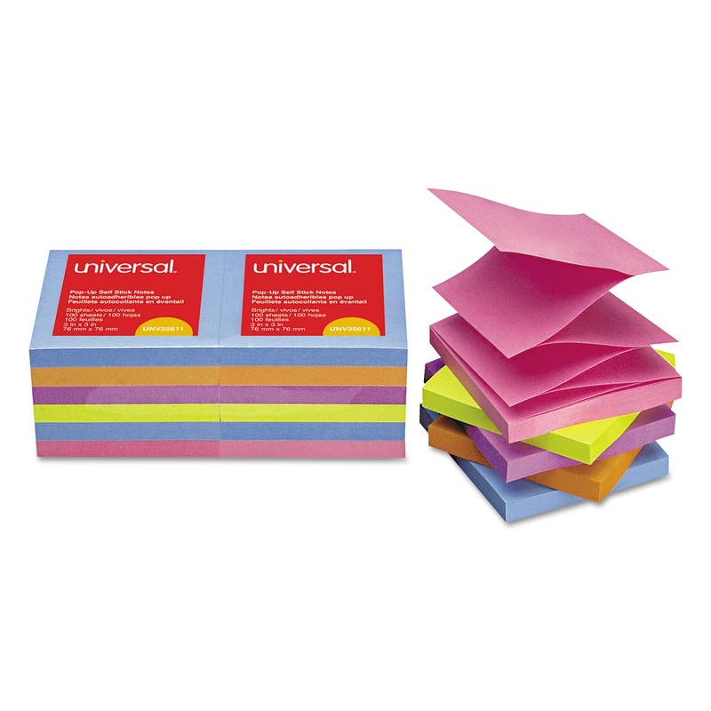 Fan-Folded Self-Stick Pop-Up Note Pads, 3 X 3, Assorted Bright, 100-Sheet, 12/pk