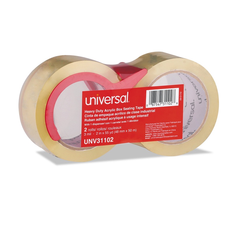 HEAVY-DUTY ACRYLIC BOX SEALING TAPE WITH DISPENSER, 3″ CORE, 1.88″ X 54.6 YDS, CLEAR, 2/PACK